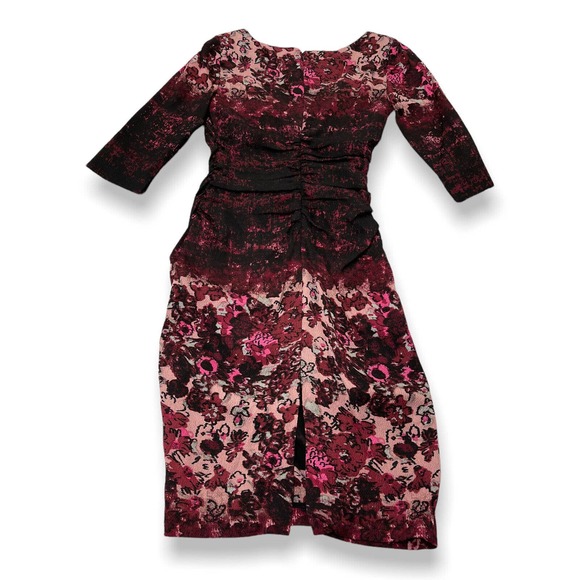 Tracy Reese Anthropologie Womens Maroon Floral Back Slit Ruched Sheath Dress 2 - Picture 3 of 5